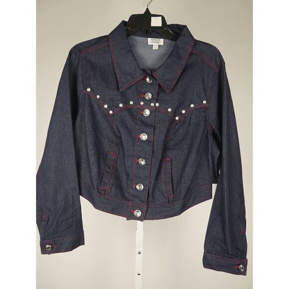 Unique Vintage Dark Denim rhinestone Western Boxy Crop Jacket XL - Picture 3 of 9